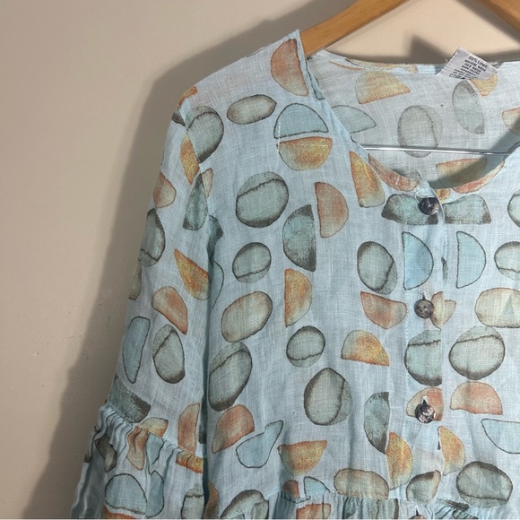 Click Color Me Cotton Linen Peplum Button Front Abstract Sage Green Blouse Large - Picture 3 of 9